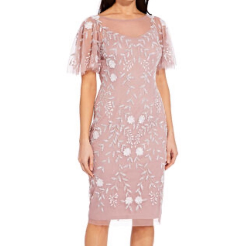 ADRIANNA PAPELL Beaded Flutter-Sleeve Sheath Dress
